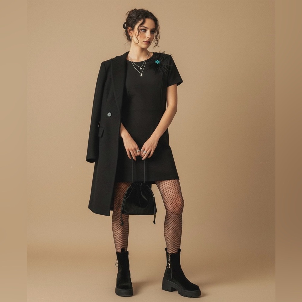 Dark Academia Feather Brooch Mini Dress Black Tailored Y2K Party Goth Whimsical